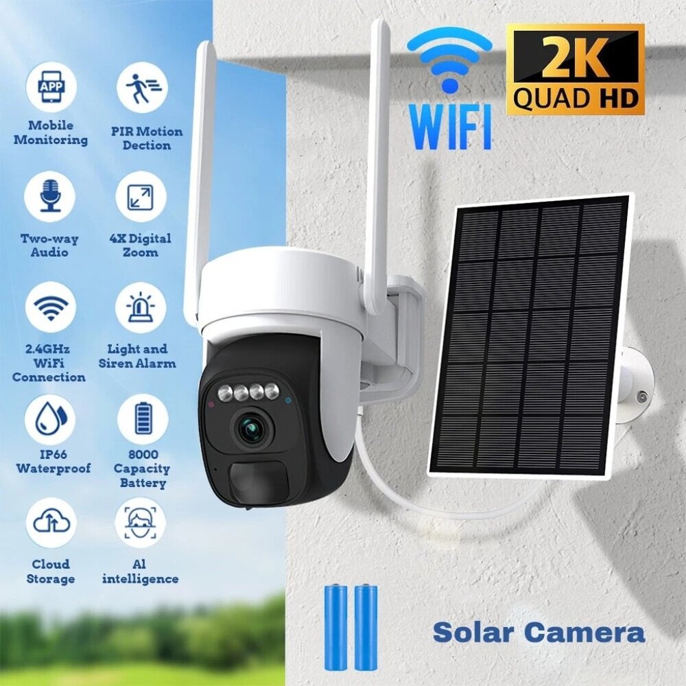 Camera 3MP WiFi Security with Solar Panel, Night Vision, PIR Motion, Waterproof